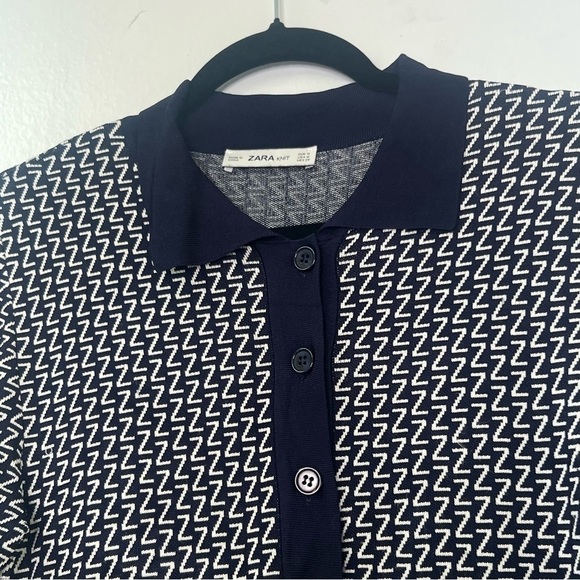 ZARA Knit Shirt Dress Collared Long Sleeves Mini Dress All Over Z Print Sz M - Picture 4 of 10